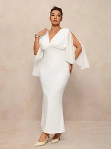 Elaquor Plus Size Sexy Elegant Pleated Fishtail Hem Dress - White - View 5