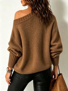 SHEIN 秋冬女款單肩針織鬆垮毛衣，寬袖寬鬆版型，柔軟舒適保暖針織衫 - 棕色 - 查看 2