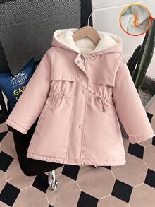 SHEIN Playful Pals 女童連帽加厚棉外套，前拉鍊設計，收腰冬季款 - 淺粉色 - 查看 4