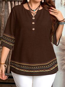 EMERY ROSE Women's Striped Geometric Pattern Notched V-Neck Short Sleeve Casual Shirt - Brown - View 4