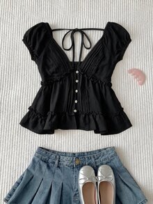 CovetEZ 女款夏季休閒度假黑色深V領短袖露背前綁帶娃娃上衣 - 黑色 - 查看 8