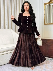 Modelyn Women's Elegant Faux Pearl Decor Waist-Cinching Top And Sequin Maxi Skirt 2 Pieces Set - Coffee Brown - View 2