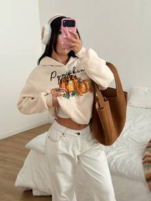 Feyla Casual Minimalist Printed Pattern Apricot Hooded Long Sleeve Loose Thick Sweatshirt For Women - Apricot - View 4