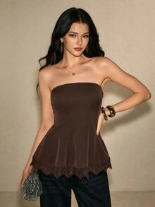 Poéselle Women's Solid Color Contrast Lace Hem Elegant Strapless Top,Dark Brown Top,Party Cocktail Going Out Top,Fall Winter 2026 - Coffee Brown - View 5