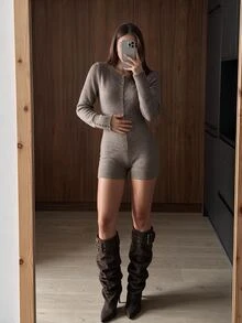 SHEIN ICON Women's Solid Color Casual Daily Knit Romper - Grey - View 1