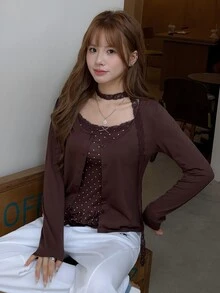 K-Vae Korean Style Gentle Brown Long Sleeve Cardigan Jacket Women Early Autumn Inner Layer Ruffle Hem Polka Dot Camisole 2pcs Set - Coffee Brown - View 1