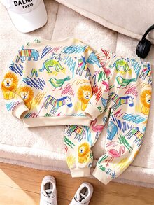 Baby Boys Colorful Graffiti Animal Print 2 Pieces Outfits, Toddler Cute Cartoon Lion Zebra Crewneck Sweatshirt And Sweatpants Set - Multicolor - View 2