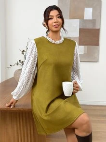 SHEIN Frenchy فستان عطلة مقاس كبير بتصميم دانتيل مرقع 2 في 1 - خردل الأصفر - مشاهدة 6