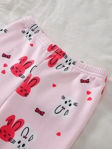 Girls Sweet Cute Comfortable Soft Thick Thermal Lined Fitted Fabric Pink Rabbit Bow Heart Rainbow Cloud Print Round Neck Pullover Long Sleeve Top And Pants Loungewear Set 2pcs - Multicolor - View 5