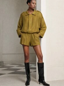 Aveloria Modichic Set Celana Pendek Wanita Ukuran Besar, Bahu Jatuh, Tekstur Campuran, Tab Bahu, Kancing Tersembunyi, Warna Hijau Zaitun Modern, Set Elegan untuk Wanita, Pakaian Musim Gugur untuk Wanita - MultiWarna - View 3