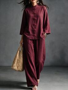 Linhara CURVE Plus Size Women's Burgundy Chinese Style Modified National Style Outfit, Loose Drop Shoulder Frog Button Top And Flowy Wide Leg Pants Commuter Set - Burgundy - View 4