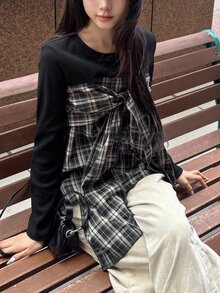 FRIFUL Women's Fashionable Plaid Patchwork Tie-Up 2 In 1 T-Shirt - Black - View 1