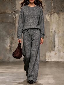 LUMIGAL Women's 2pcs Set: Mixed Yarn Crew Neck Drop Shoulder Long Sleeve Loose Sweater Top & Elastic Waist Drawstring Wide Leg Pants, Slouchy - Grey - View 1