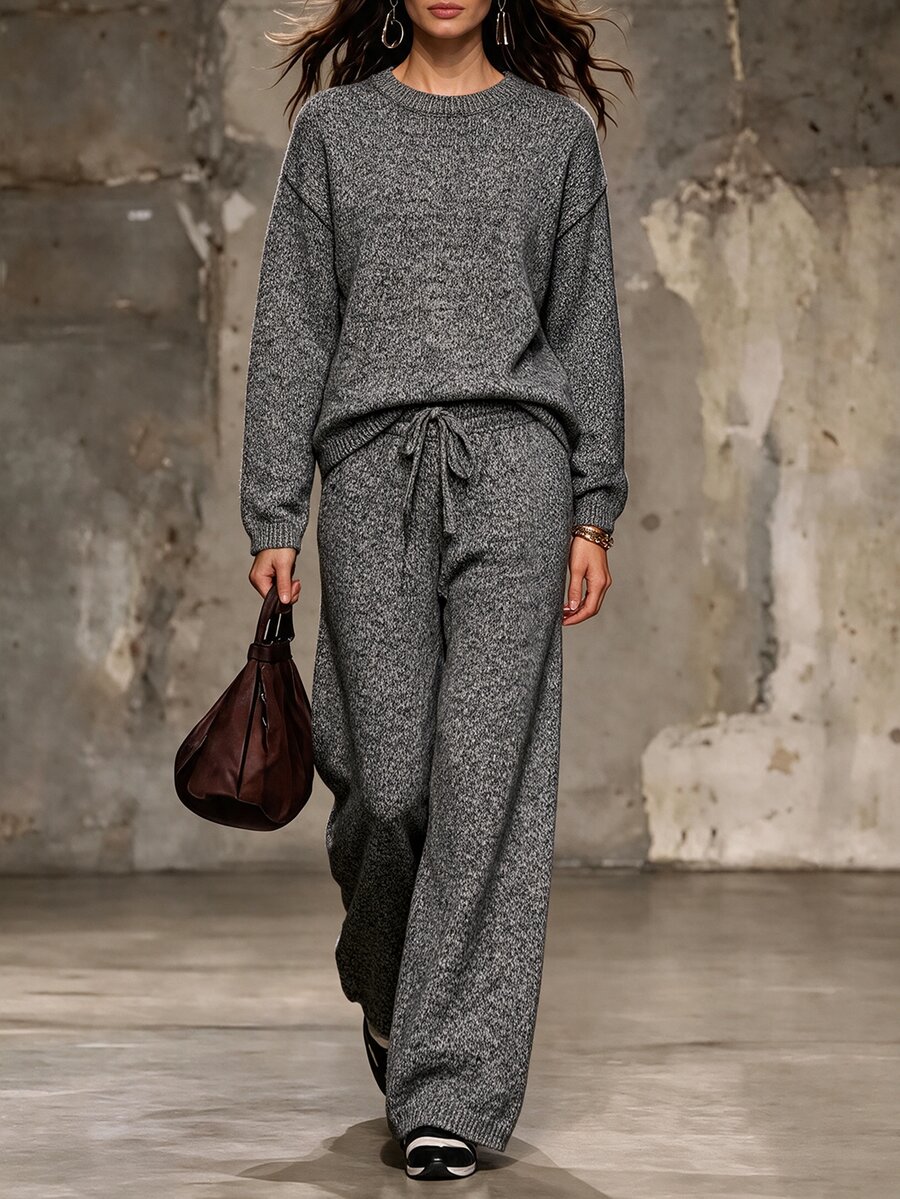 LUMIGAL Women's 2pcs Set: Mixed Yarn Crew Neck Drop Shoulder Long Sleeve Loose Sweater Top & Elastic Waist Drawstring Wide Leg Pants, Slouchy - Grey - View 1