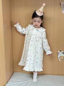 DAZY Baby Girls Ruffle Trim Ditsy Floral Long Loose Loungewear - Blue and White - View 7