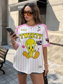 LOONEY TUNES X SHEIN Women's Cute Cartoon Pattern Print Contrast Color Round Neck T-Shirt - White - View 3