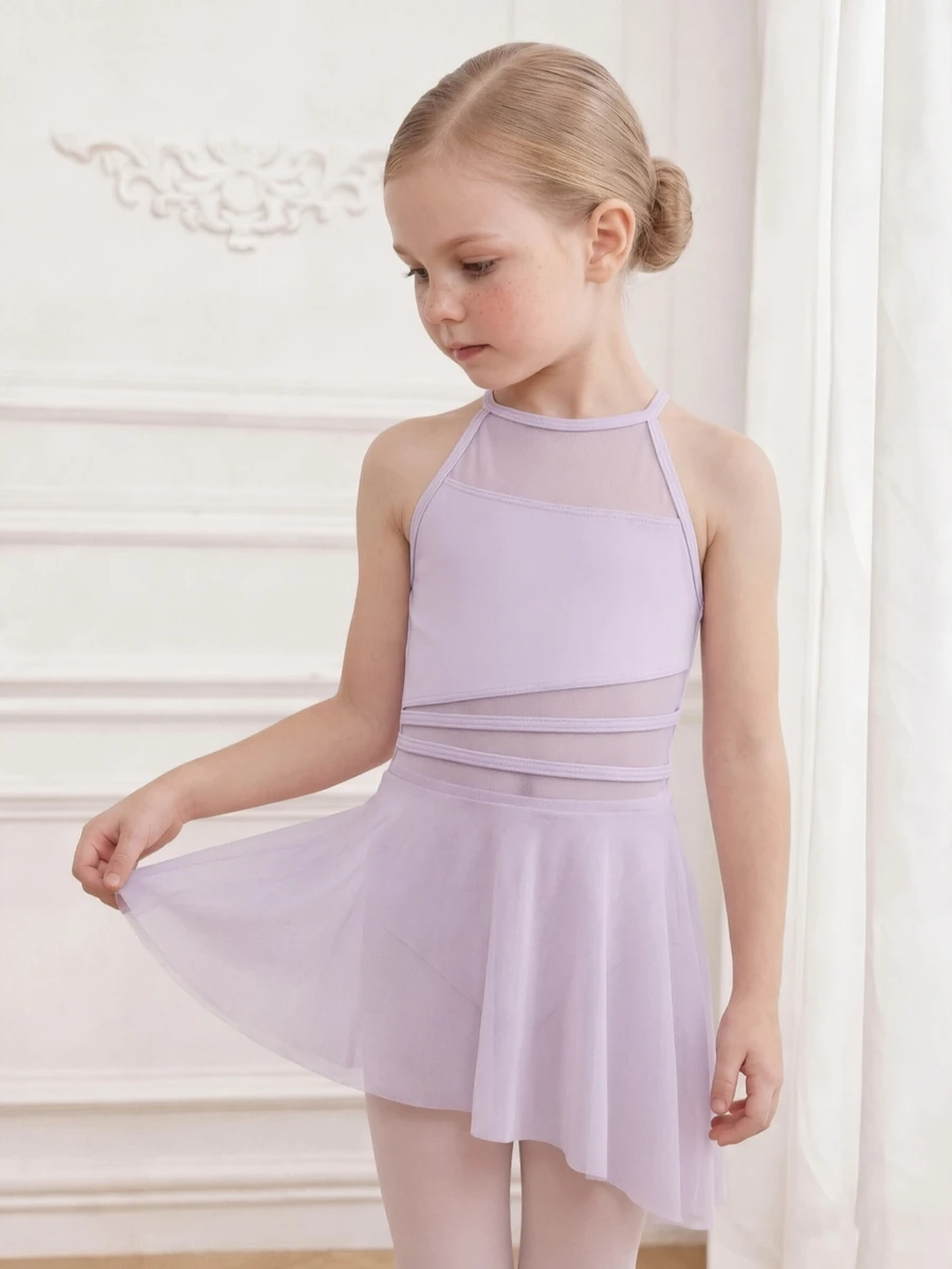 SHEIN Young Girls Clothes Solid Color Asymmetric Hem Halter Neck Sports, Cute, Christmas, Back To School - Purple - View 1