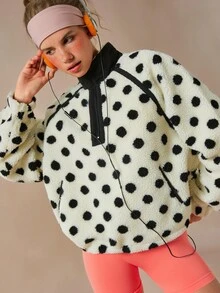 VARSIVA Jaket Olahraga Wanita Motif Polkadot Lengan Panjang dengan Resleting Setengah dan Kerah Tegak - Hitam dan Putih - View 1