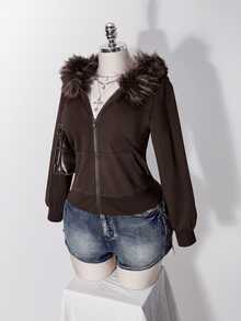 SHEIN ICON Plus Size Women's Y2K Retro Fur Collar Patchwork Regular Sweatshirt Jacket With Pocket Fall - Coffee Brown - View 4