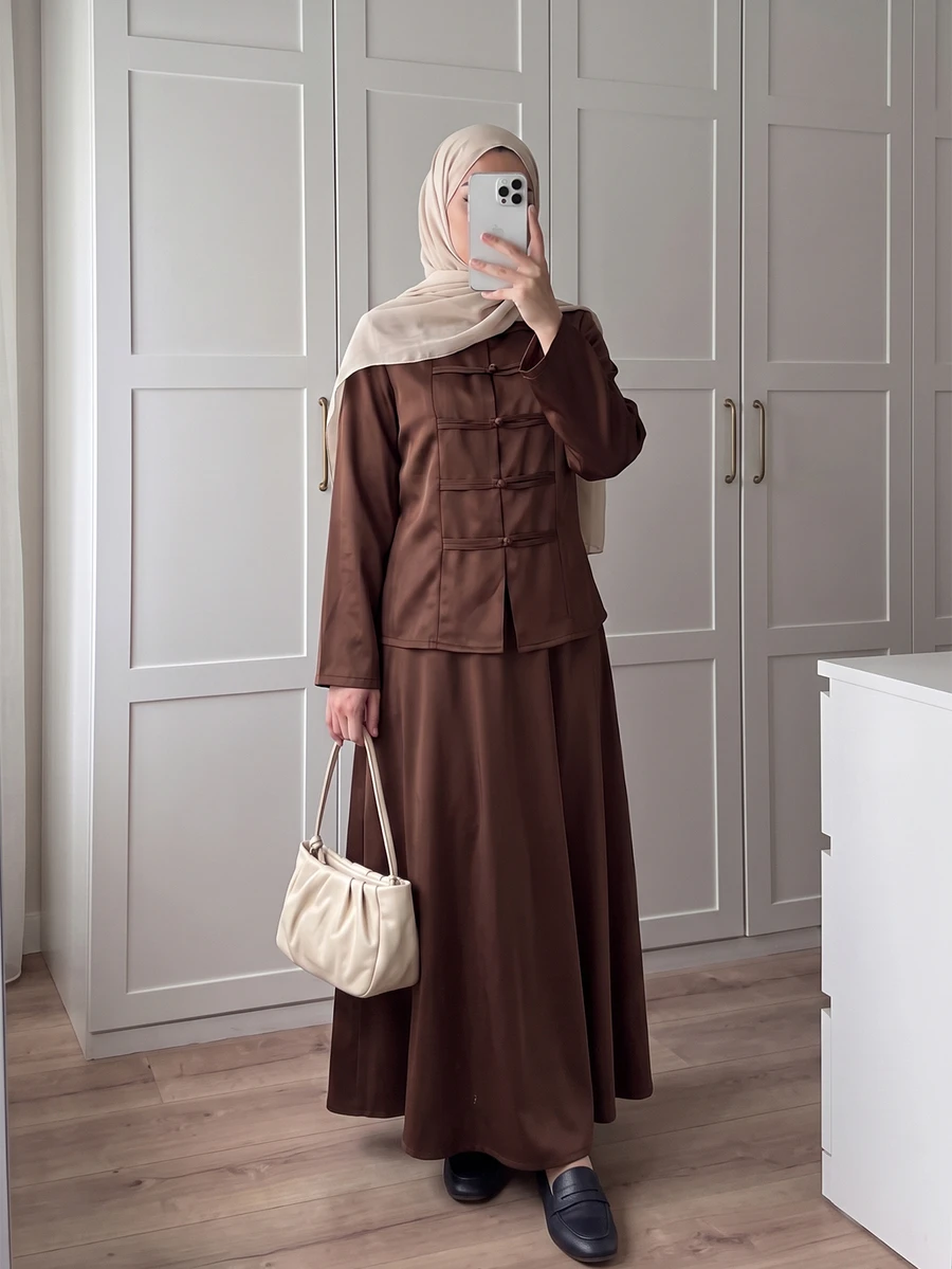 Celisse Women's 2 Pieces Set With Vintage Fashion Frog Button Front Long Sleeve Cardigan Shacket And High-End Skirt - Brown - View 1