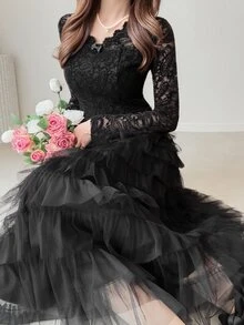 FRIFUL Women's Lace Mesh Patchwork Casual Party Midi Dress - Black - View 4