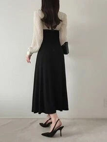 FRIFUL Women's Polka Dot Colorblock Casual Party Long Dress - Black - View 5