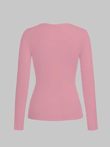 TaskEZ 3pcs/Pack Women's Long Sleeve Base Layer T-Shirts, Comfortable Solid Color Crew Neck Basics Uniform Tops, Suitable For Work Black All White Pink Fall - Multicolor - View 4