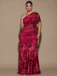 SHEIN BAE CURVE Plus Size Women's One Shoulder Ruched Casual Party Dress - Pink - View 2