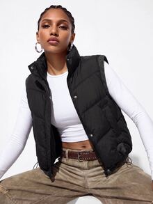 Aveloria GENKIRA Casual Quilted Sleeveless Jacket With Stand Collar, Zipper And Snap Button Placket, Drawstring Hem, Patch Pockets, Cotton Vest - Black - View 3