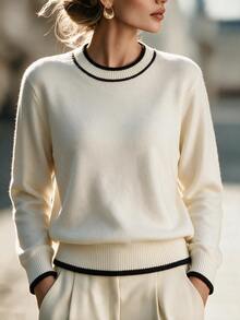 Breezaya Elegant Round Neck Long Sleeve Design Women's Sweater - White - View 1