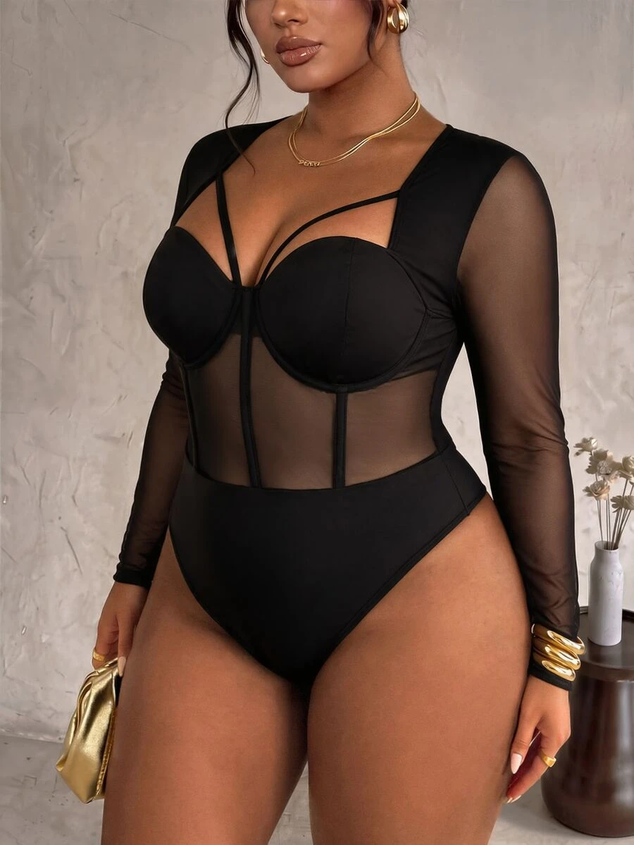 Firerie Plus Size Sexy Mesh Patchwork Fishbone Bodysuit - Black - View 1