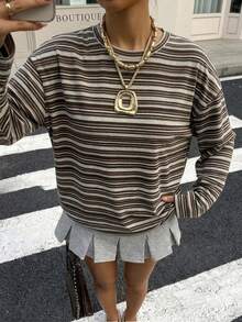 SHEIN EZwear 95%棉女款休閒寬鬆長袖T恤，女款秋冬服飾，條紋T恤，2000年代風格，Y2K，女款通勤穿搭，性感，鄉村風，時尚，基礎款，萬聖節，聖誕節，新年，派對，婚禮，外出 - 彩色 - 查看 5