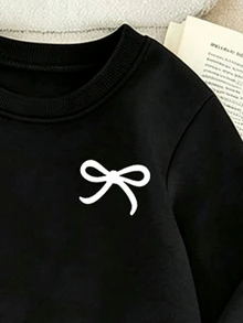 (3件組)少女秋冬休閒清新蝴蝶結白色底黑大心形與字母圖案圓領衛衣 - 彩色 - 查看 5