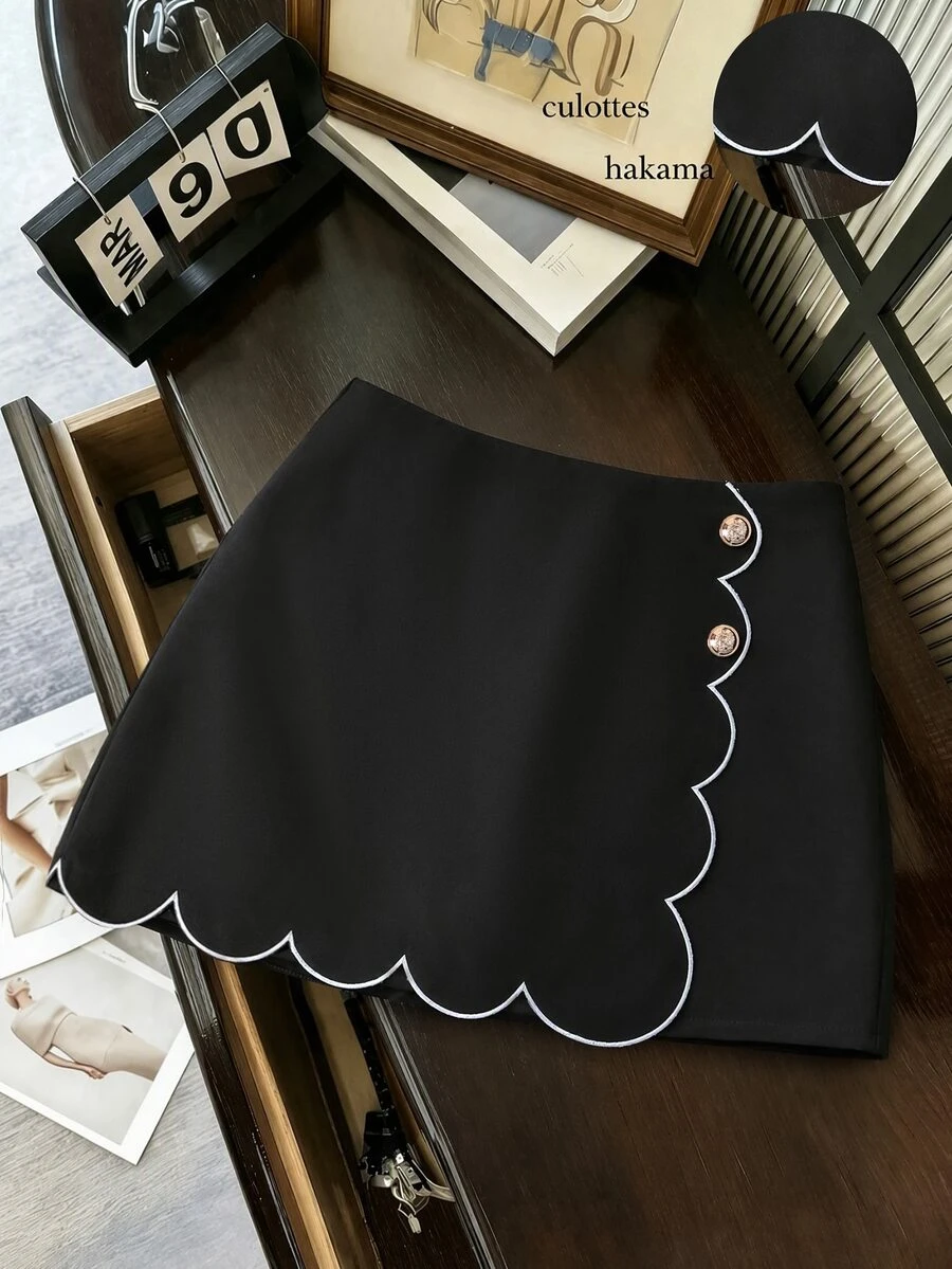 INAWLY Contrast Color Wavy Hem Embroidered Faux 2-Piece Elegant Commuter Women's Skirt - Black - View 1