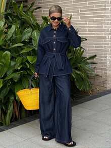 DAZY Women's Button-Up Long Sleeve Jacket And Loose Button-Up Pocket Denim Pants Set - Blue - View 4