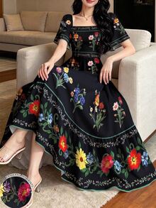 Modelyn 花卉植物印花時尚方領大荷葉袖設計短袖洋裝，夏季收腰中長洋裝，花卉圖案棕色長洋裝 - 彩色 - 查看 1