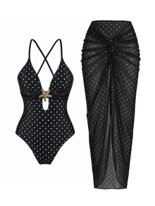 Bonvoyette 女款 Oasis 一件式泳衣套裝，深棕色深 V 領設計，手工編織腰線，夏季晚宴一件式泳衣套裝，交叉開衩長洋裝 - 黑色 - 查看 2