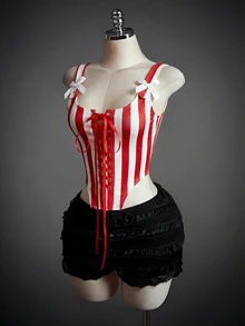 SHEIN ICON Tank Top Wanita Seksi Bergaris Warna Blok dengan Tali Pengikat - MultiWarna - View 10