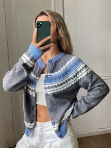 Livesso Cardigan de punto de cable con botones, cuello redondo, manga larga, ajuste ceñido y acanalado, color gris azulado, para mujer, otoño/uso diario casual escolar - Gris - Ver 3