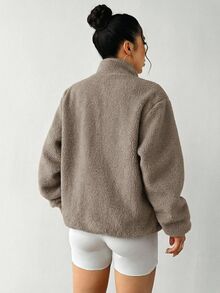 Exploreva Exploreva 女款拼色拉鍊門襟休閒戶外運動抓絨夾克 - 棕色 - 查看 2