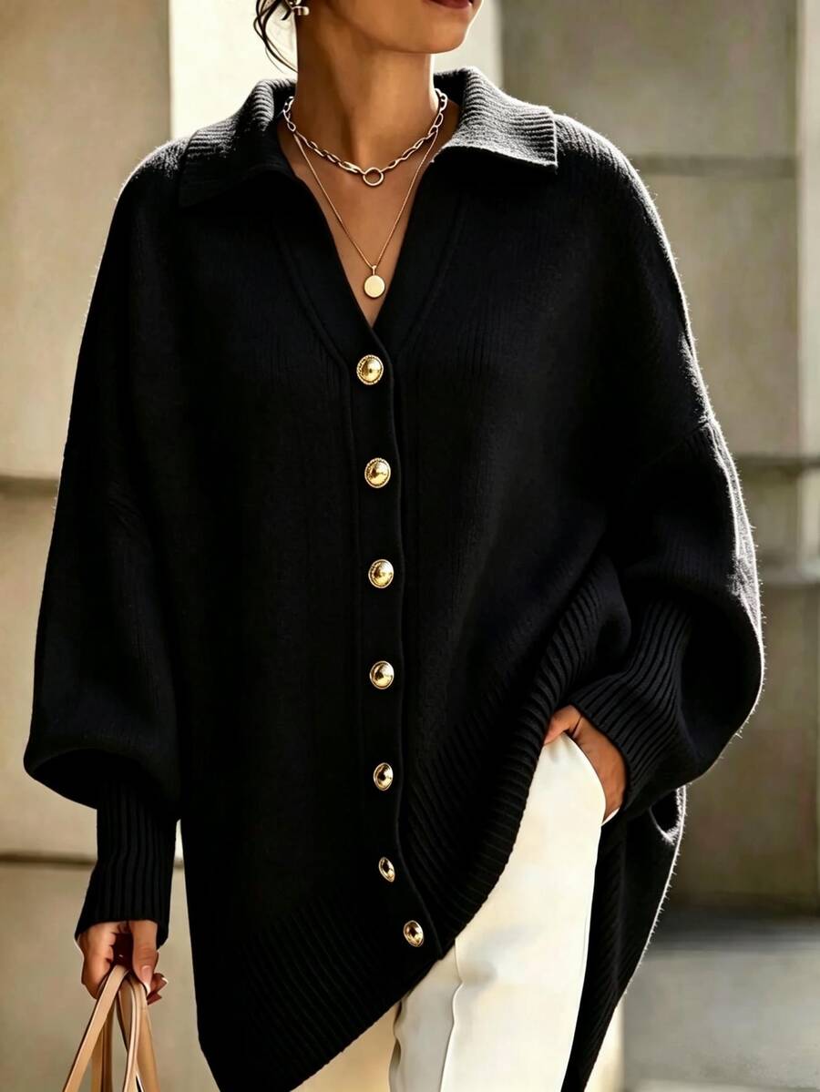GlowEve CURVE Plus Size Women's Autumn/Winter Versatile Lapel Button-Down Drop Shoulder Long Sleeve Cardigan - Black - View 1