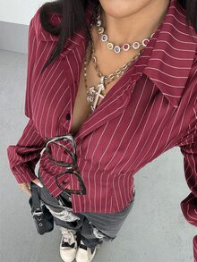 StreetHx 女款條紋休閒長袖T恤，適合日常穿著 - 紅色 - 查看 4
