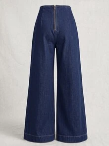 SHEIN Women's Metal Decor Asymmetric Design Wide Leg Casual Denim Jeans - Blue - View 3