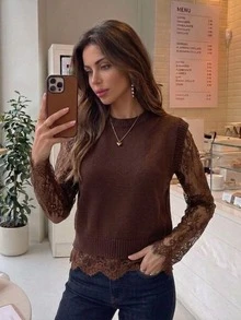 Serisse ملابس علوية نسائية مثيرة من الصوف المحبوك مع تفاصيل دانتيل وتصميم مخطط - بني - مشاهدة 2