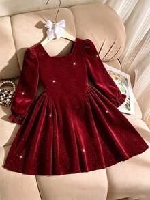 SHEIN Elladie kids 女童 1 件 BialaSuknia 春/秋新款海灘週末生日套裝，方領長袖波點印花，後背小 V 設計，3D 可拆卸大蝴蝶結，大裙擺附側邊荷葉邊，極簡百搭海灘風 - 酒紅色 - 查看 1
