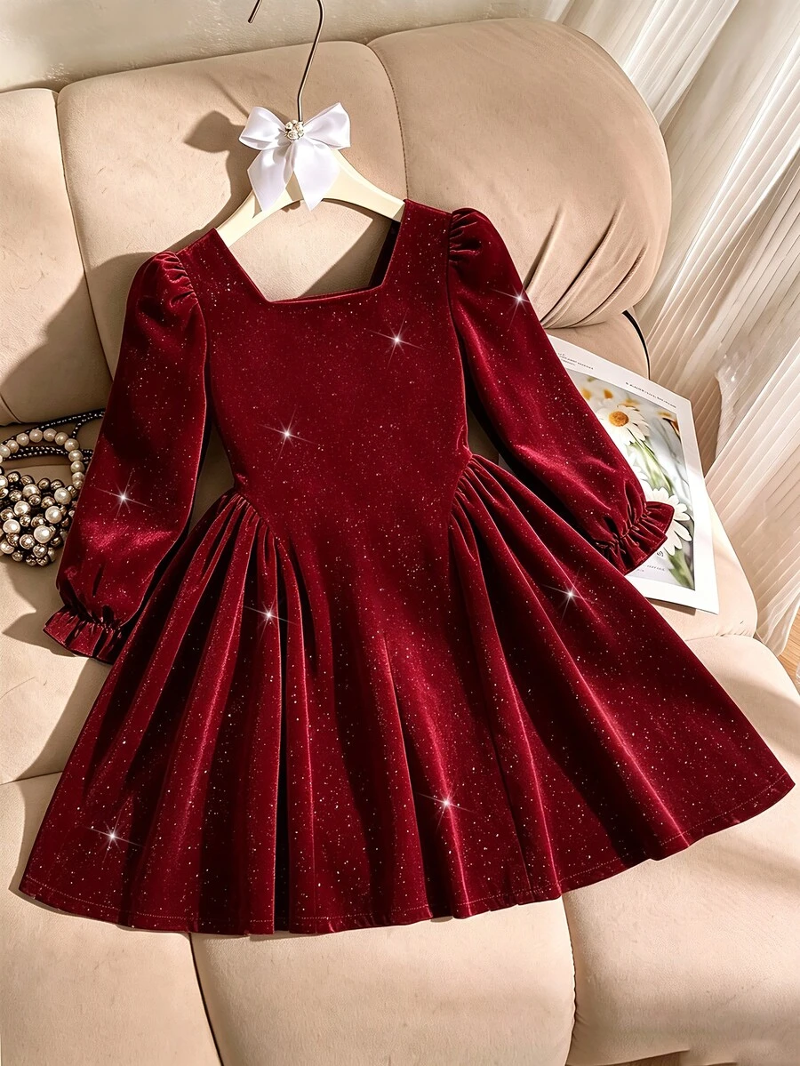 SHEIN Elladie kids 女童 1 件 BialaSuknia 春/秋新款海灘週末生日套裝，方領長袖波點印花，後背小 V 設計，3D 可拆卸大蝴蝶結，大裙擺附側邊荷葉邊，極簡百搭海灘風 - 酒紅色 - 查看 1