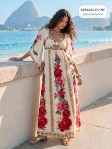 CAJUNI Tropical Vacation Cute Romantic Boho Flowers Long Dress - Multicolor - View 6