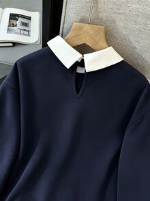 SHEIN 青少年女孩襯衫領拼接蝴蝶結裝飾套頭長袖鬆緊運動衫，秋冬可愛素色上衣 - 藏蓝色 - 查看 7