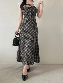 FRIFUL Women's Vacation Plaid Tie-Up Korean Style Dress - Black - View 4