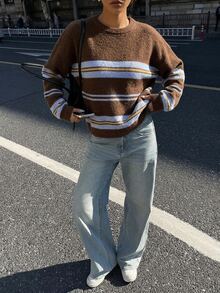 DAZY Women's Round Neck Striped Loose Fit Sweater - Brown - View 6